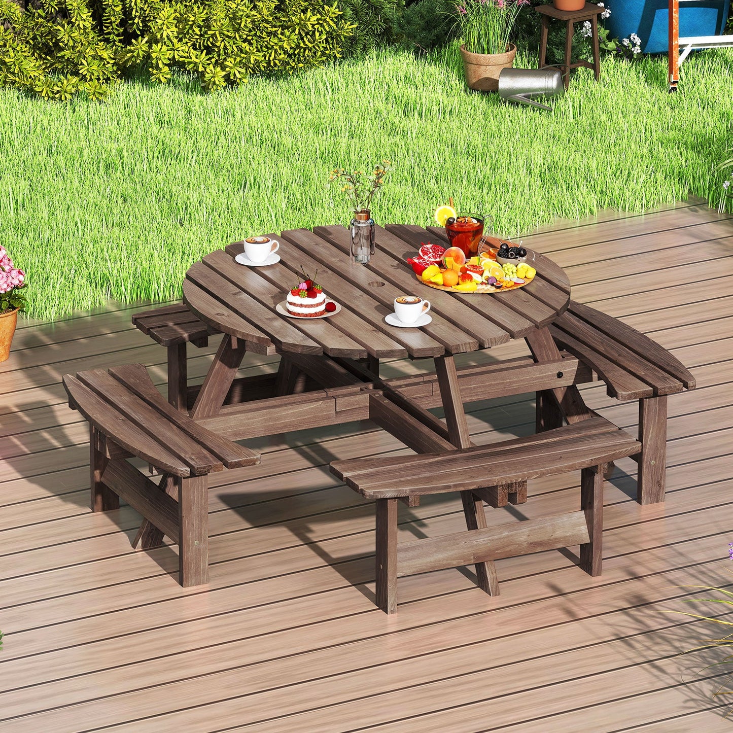 8-Person Round Picnic Table Set Circular Patio Dining Camping Table with Benches-Brown on a wooden deck with food