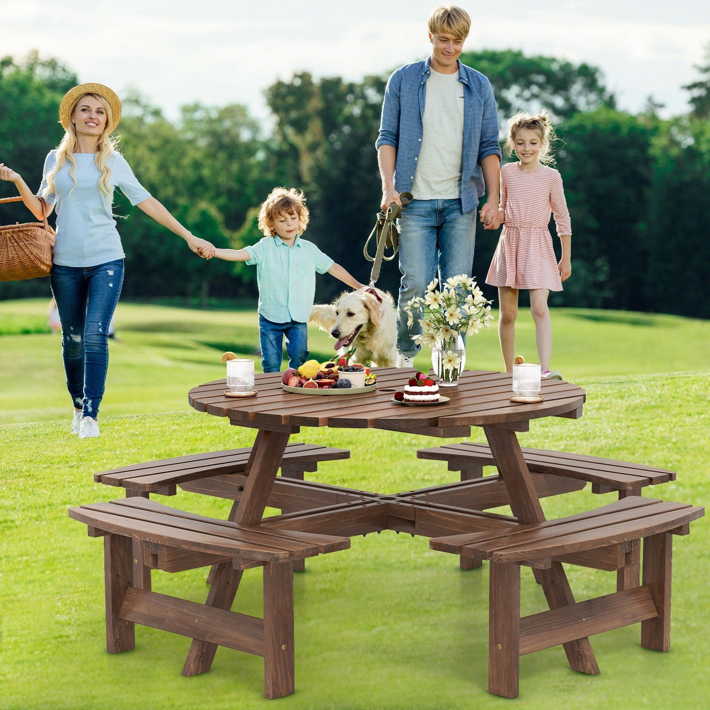 Family enjoying outdoors with 8-Person Round Picnic Table Set Circular Patio Dining Camping Table with Benches-Brown in park