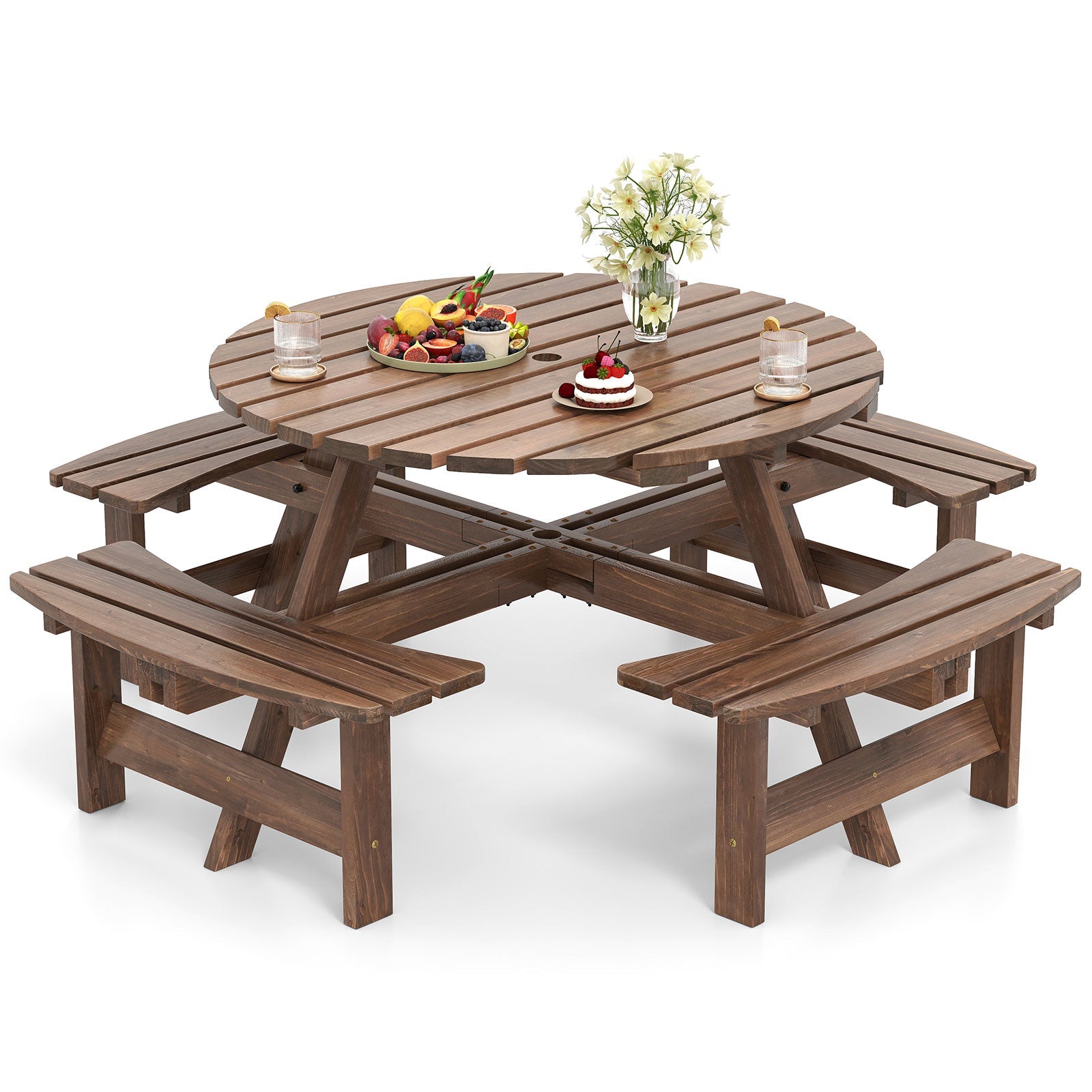 8-Person Round Picnic Table Set Circular Patio Dining Camping Table with Benches-Brown made of fir wood with waterproof coating