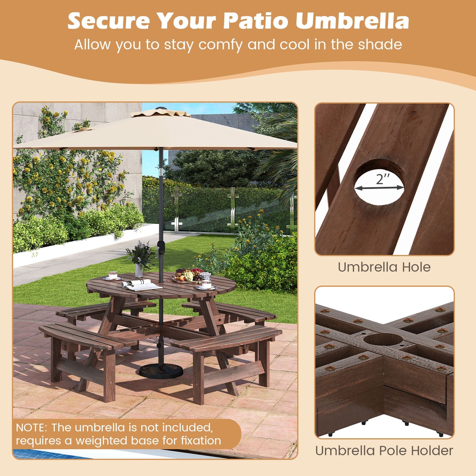 8-Person Round Picnic Table Set Circular Patio Dining Camping Table with Benches-Brown with umbrella holder and seating