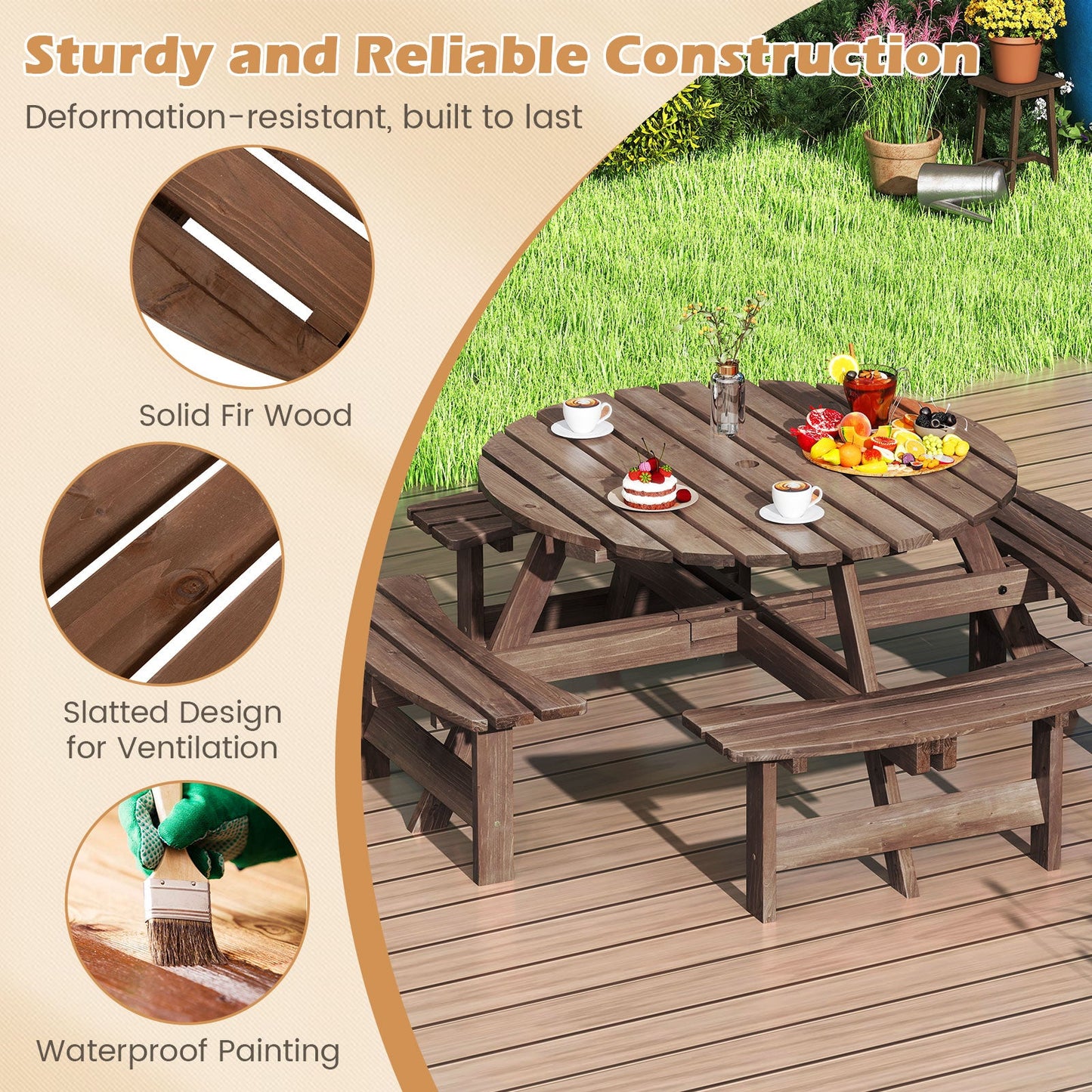 8-Person Round Picnic Table Set Circular Patio Dining Camping Table with Benches-Brown on a wooden deck with food and drinks.