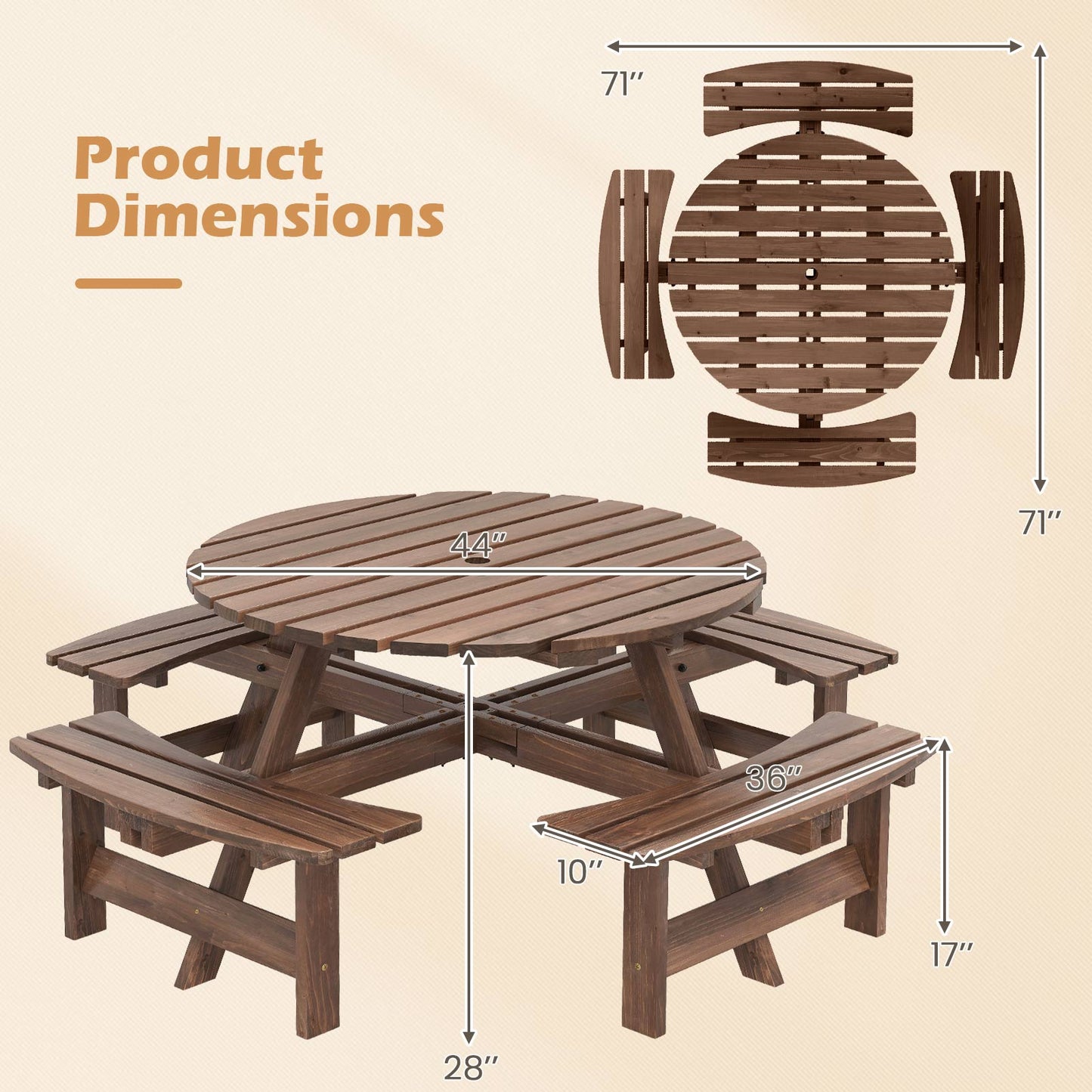 8-Person Round Picnic Table Set Circular Patio Dining Camping Table with Benches-Brown shown with dimensions