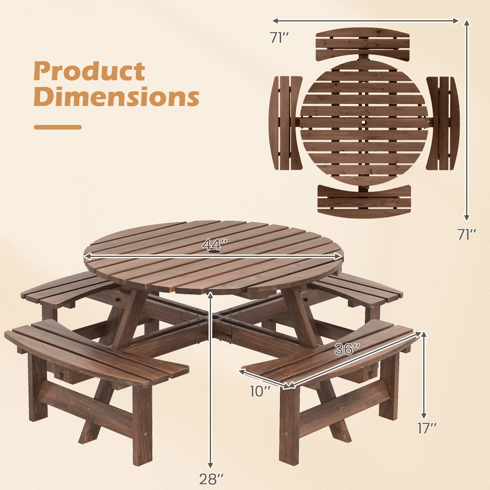 8-Person Round Picnic Table Set Circular Patio Dining Camping Table with Benches-Brown shown with dimensions