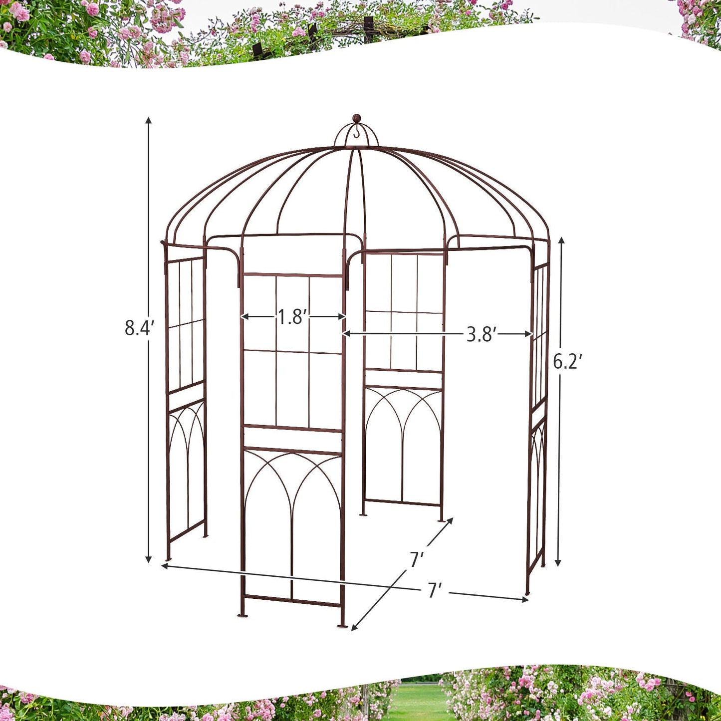 Diagram of 8.4 x 7 Feet Wide Birdcage Shape Garden Arbor with measurements.