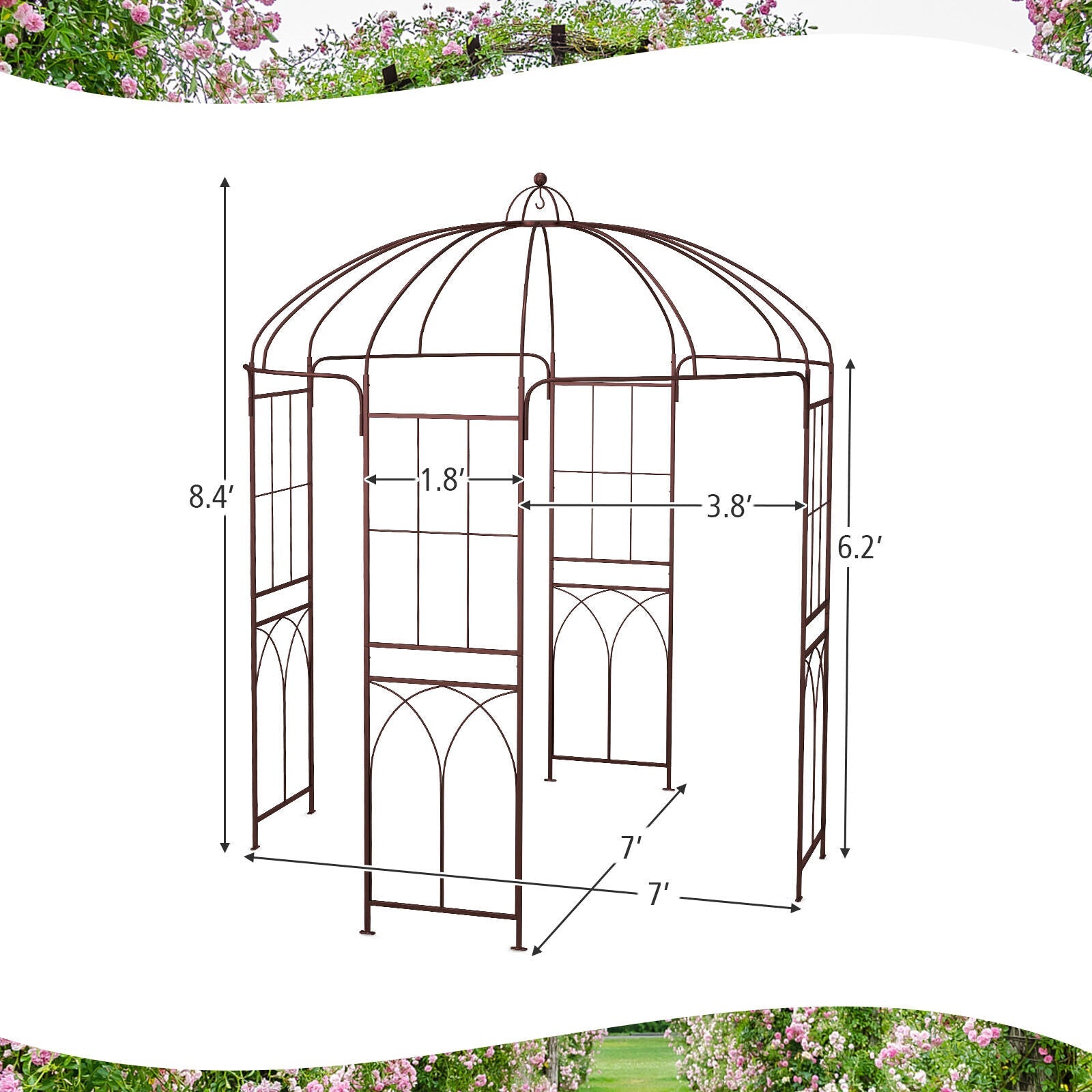 Diagram of 8.4 x 7 Feet Wide Birdcage Shape Garden Arbor with measurements.