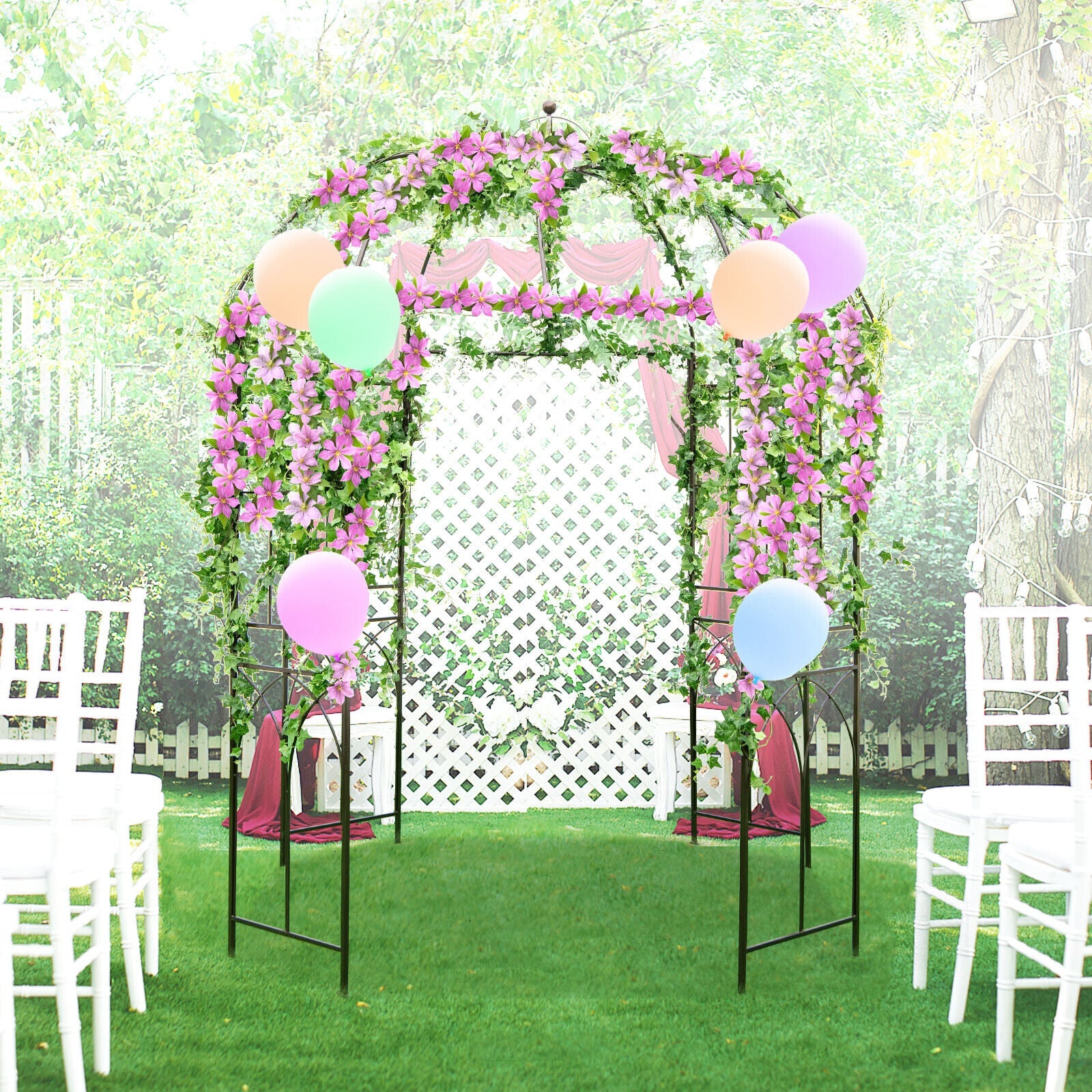 Colorful garden setup featuring 8.4 x 7 Feet Wide Birdcage Shape Garden Arbor with flowers and balloons
