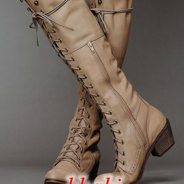 Women’s Over-the-Knee Boots – Round Toe Stylish Tall Winter Boots in beige with lace-up design.