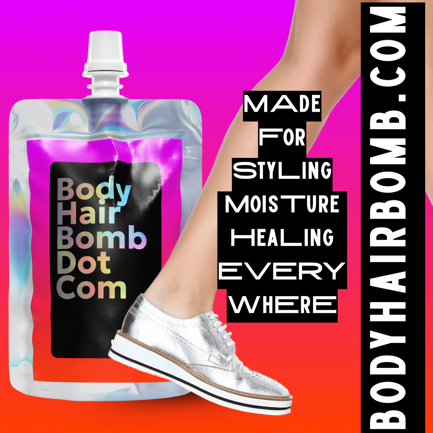 Body Hair Bomb Dot Com- Everything Cream packaging with shoe and leg, highlighting styling, moisture, and healing benefits.