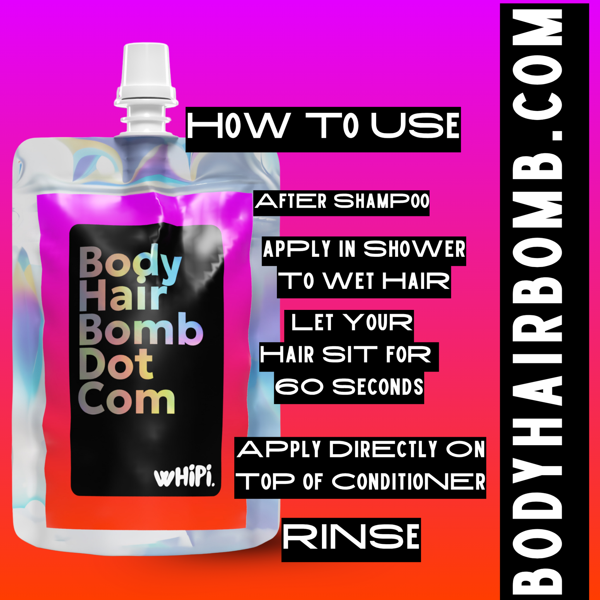 Body Hair Bomb Dot Com- Everything Cream packaging and application instructions on colorful background.