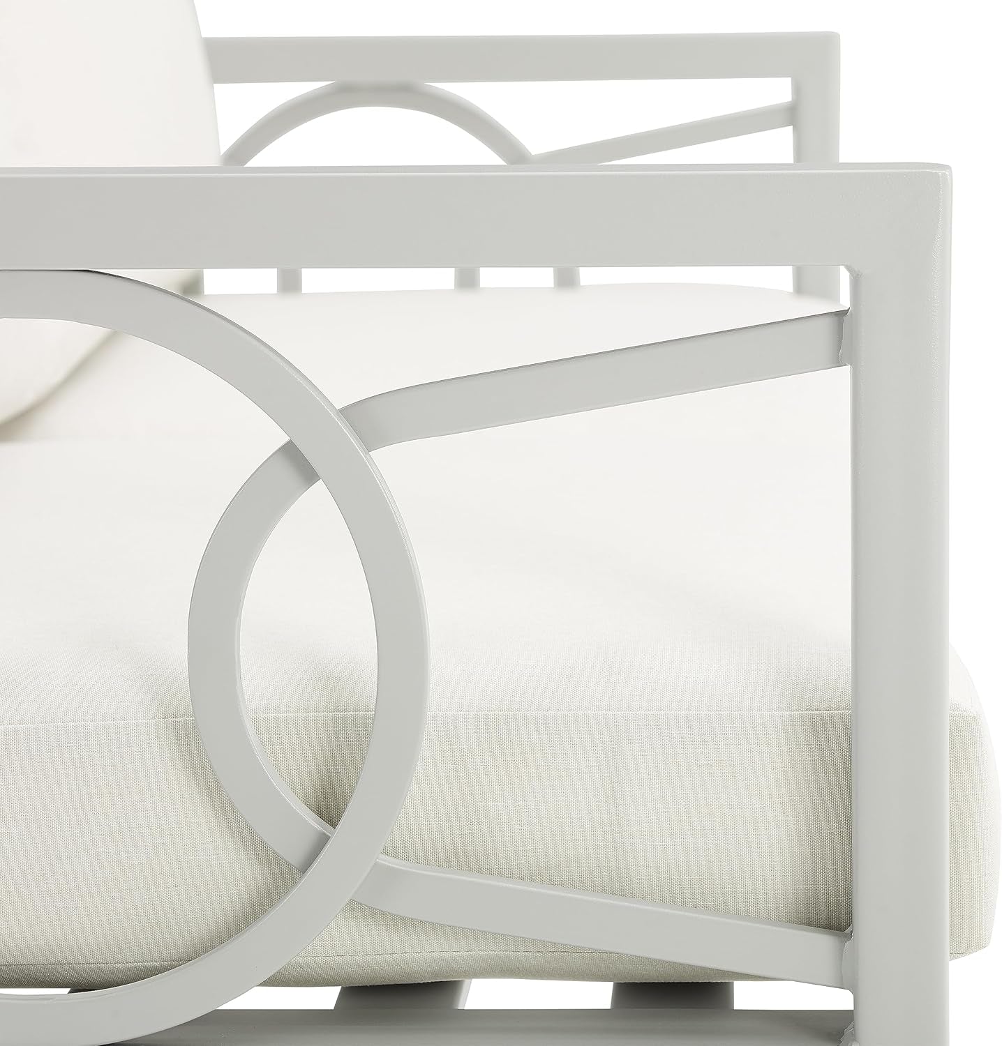 Detail of 2 Piece Outdoor Coffee Table And Loveseat Set Gray Frame Creme Cushions with durable steel construction.