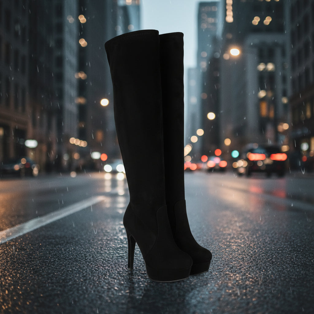 Suede Elastic Over-the-Knee High Heel Riding Boots Women displayed in urban night setting.