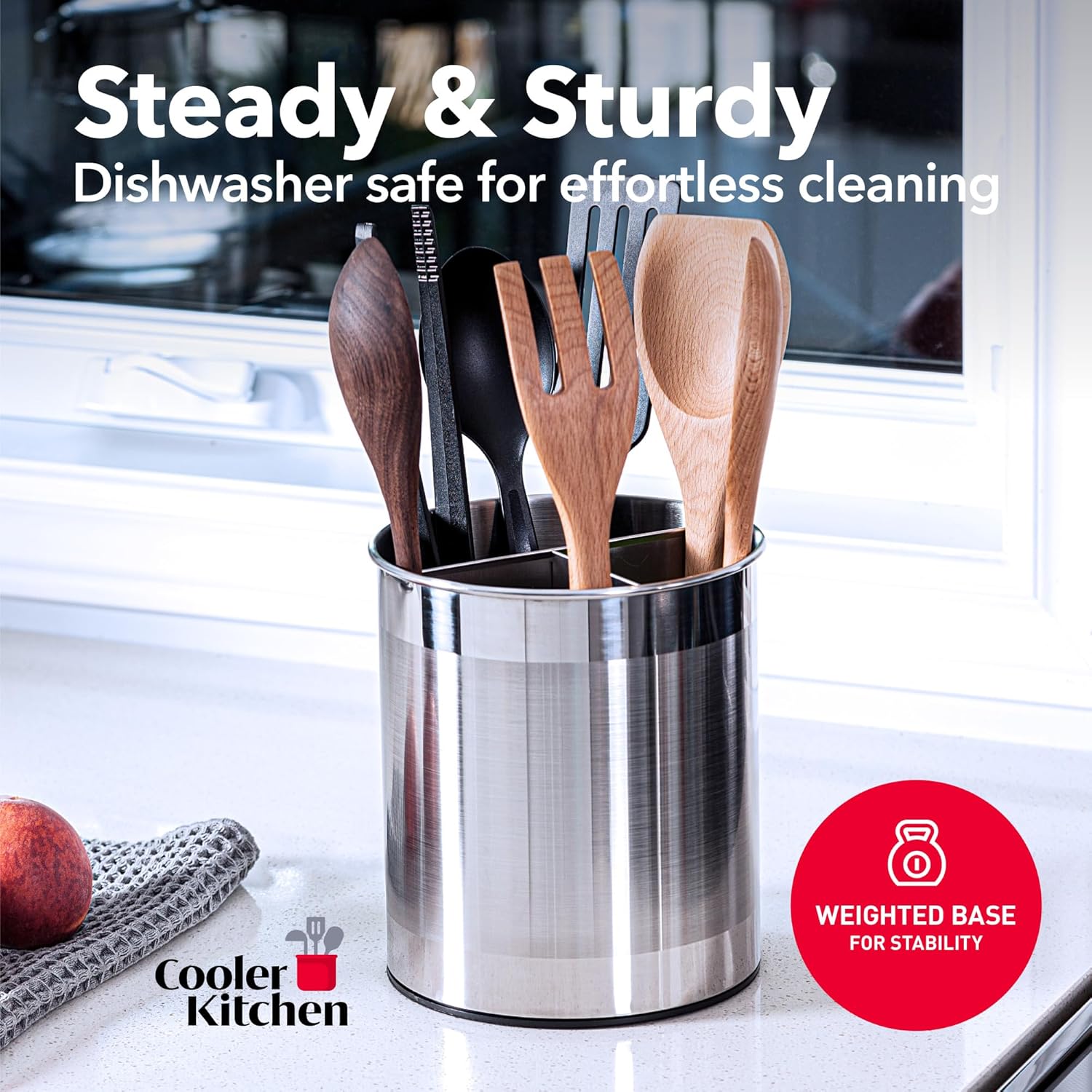Extra Large Rotating Utensil Holder Caddy with Sturdy No-Tip Weighted Base, Removable Divider, and Gripped Insert in kitchen setting.