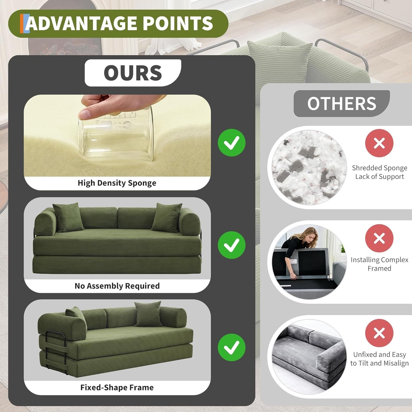 Comparison chart of Corduroy Green 79 Inches Inter changeable Plus Sofa Bed advantages versus others, highlighting sponge density.