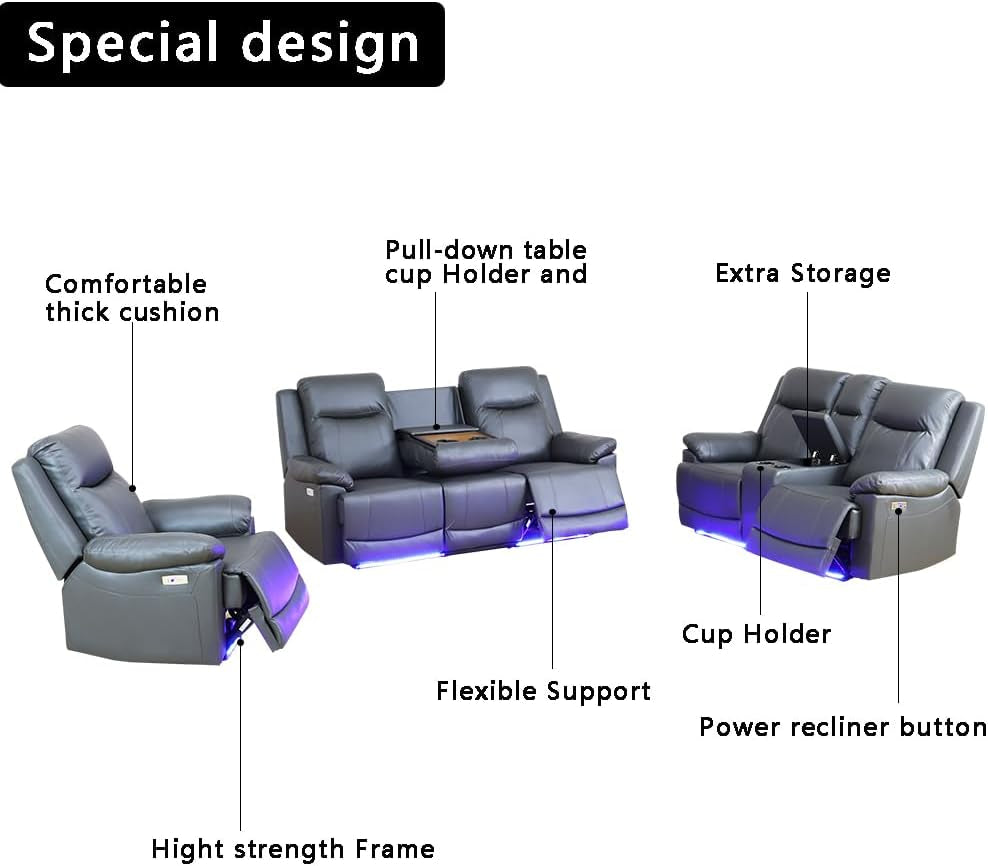 Power Leather Recliner Sofa Set Grey LED Lights Modern with thick cushions, cup holders, pull-down table, and extra storage features.