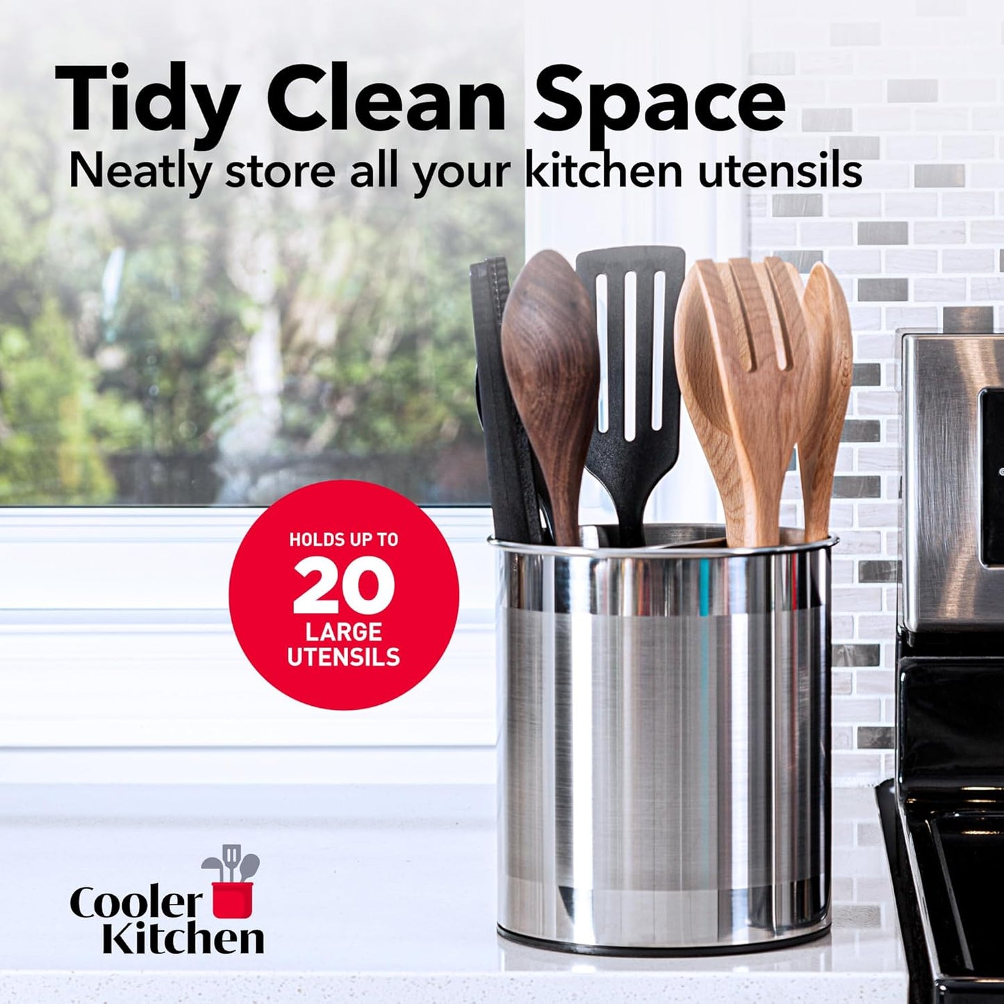 Extra Large Rotating Utensil Holder Caddy with Sturdy No-Tip Weighted Base, Removable Divider, and Gripped Insert