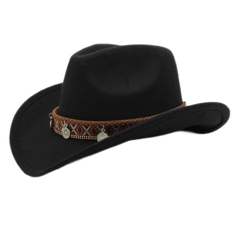 Black Western Charm Woolen Cowgirl Hat with vintage print band and charms