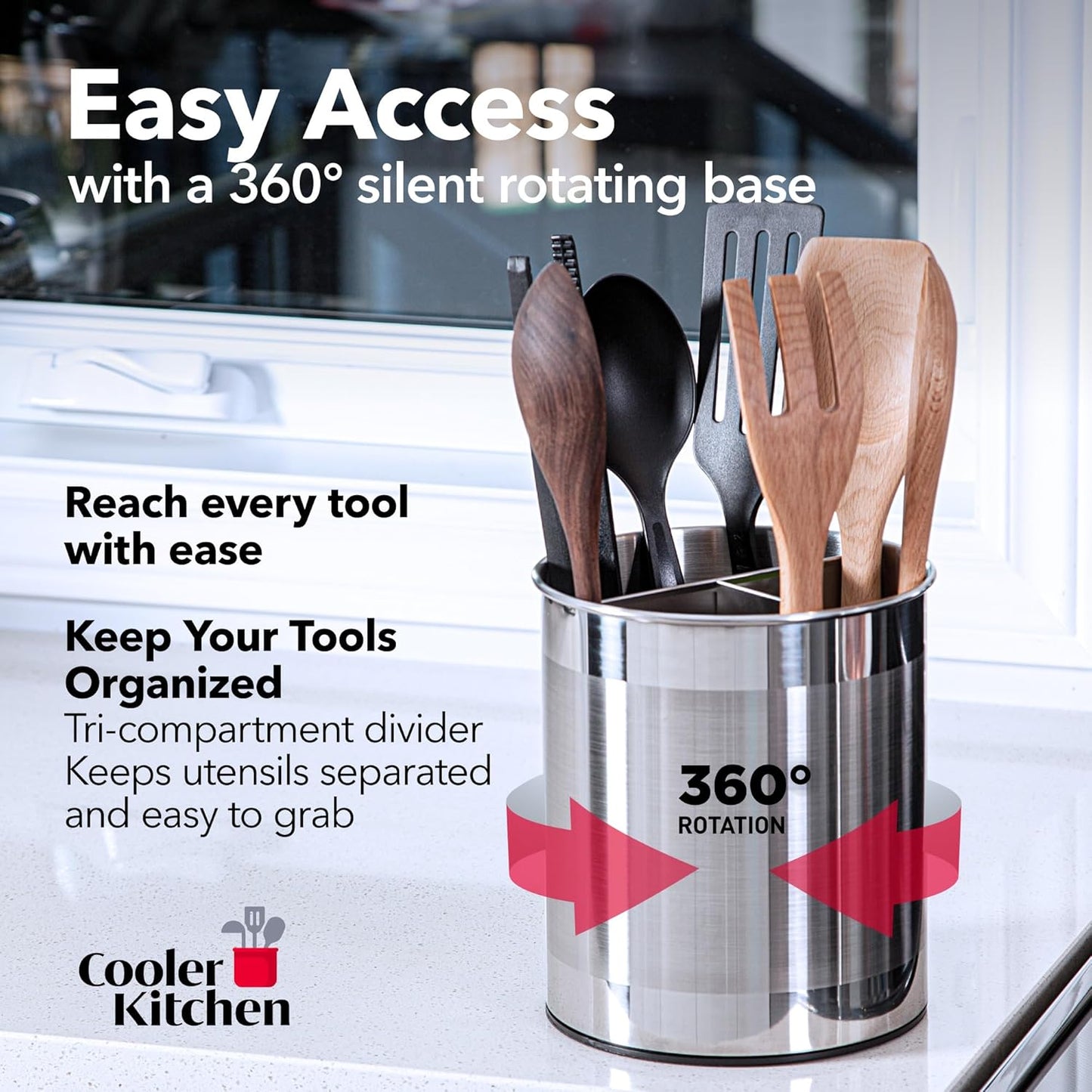Extra Large Rotating Utensil Holder Caddy with Sturdy No-Tip Weighted Base, Removable Divider, and Gripped Insert: Metal | Rust Proof in kitchen.