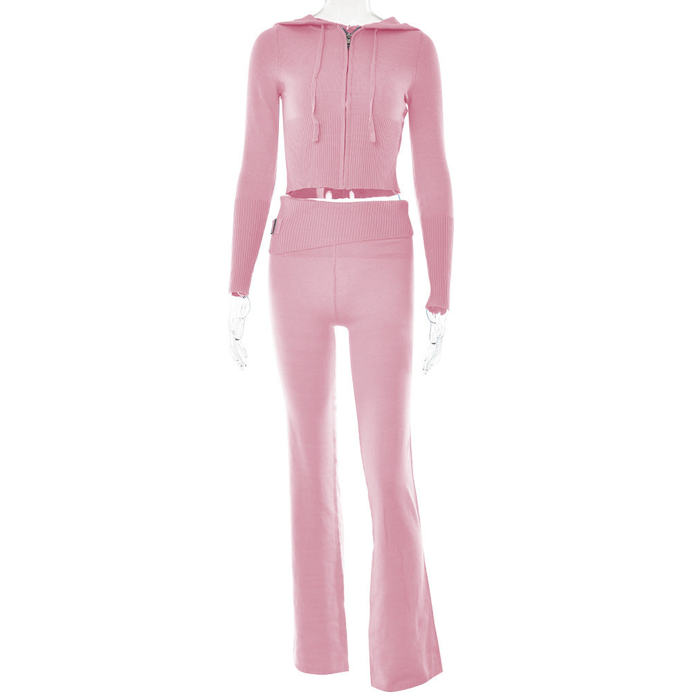 Pink Long Sleeve Sweater And High Waist Long Pants Set for women, featuring a cozy cardigan and stylish pants from Diversi Fashion.