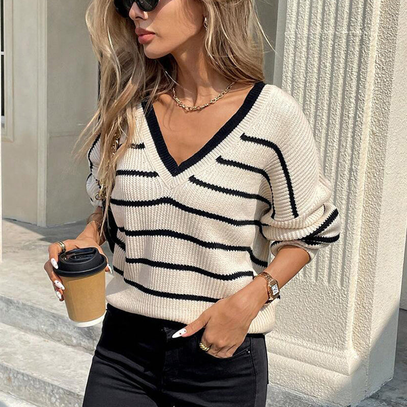 Women’s Striped V-Neck Sweater with Back Bow