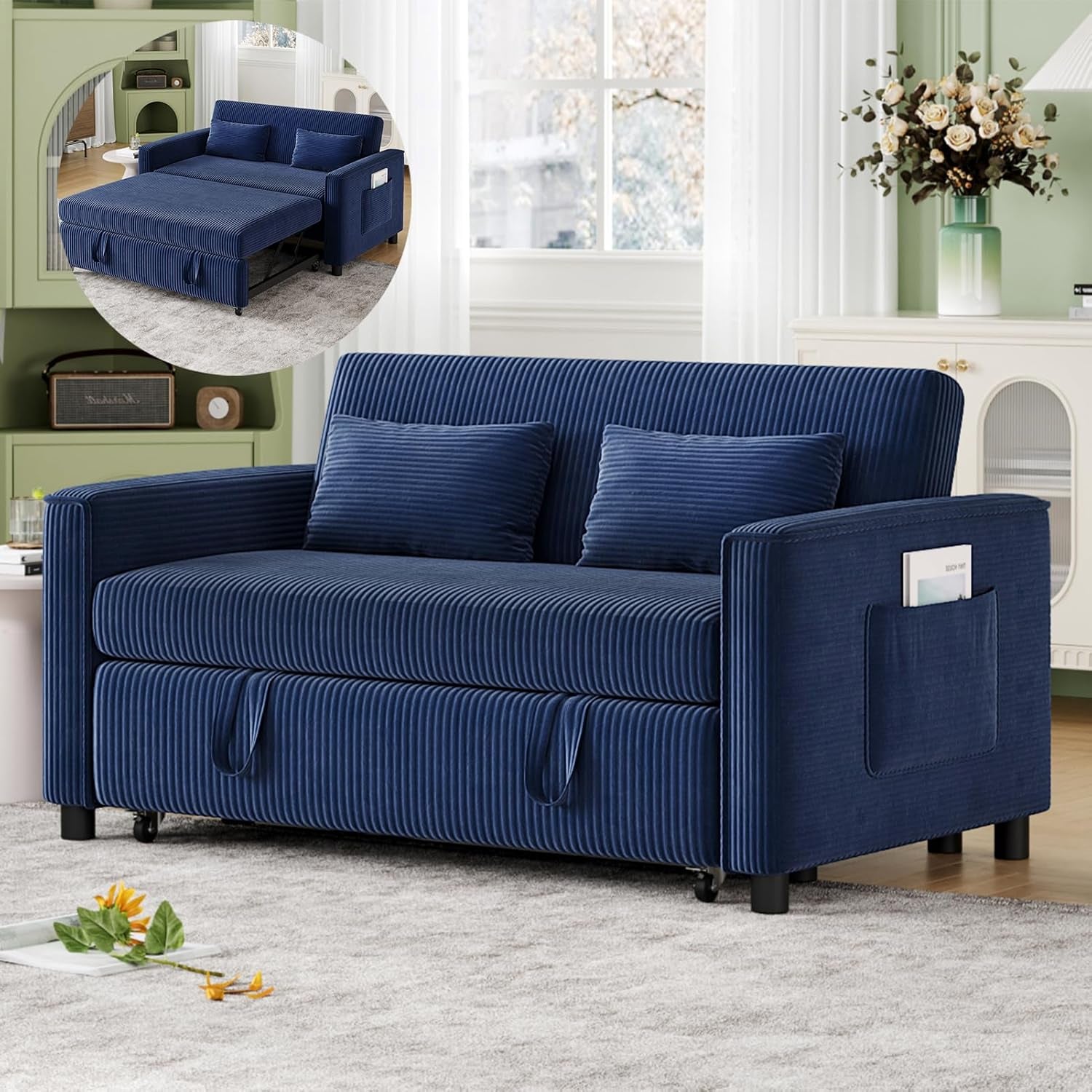 Navy Corduroy Convertible Sleeper Sofa Bed Pockets in living room setting