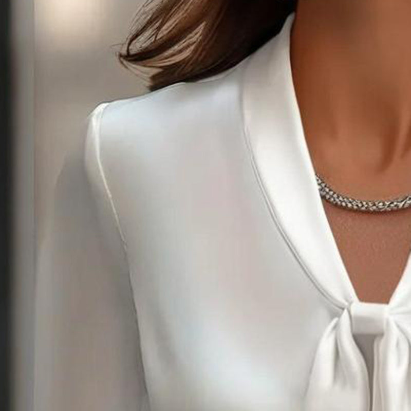 Elegant Satin Ribbon Blouse — Long Sleeve Button-Down Work Shirt with ribbon detail at collar