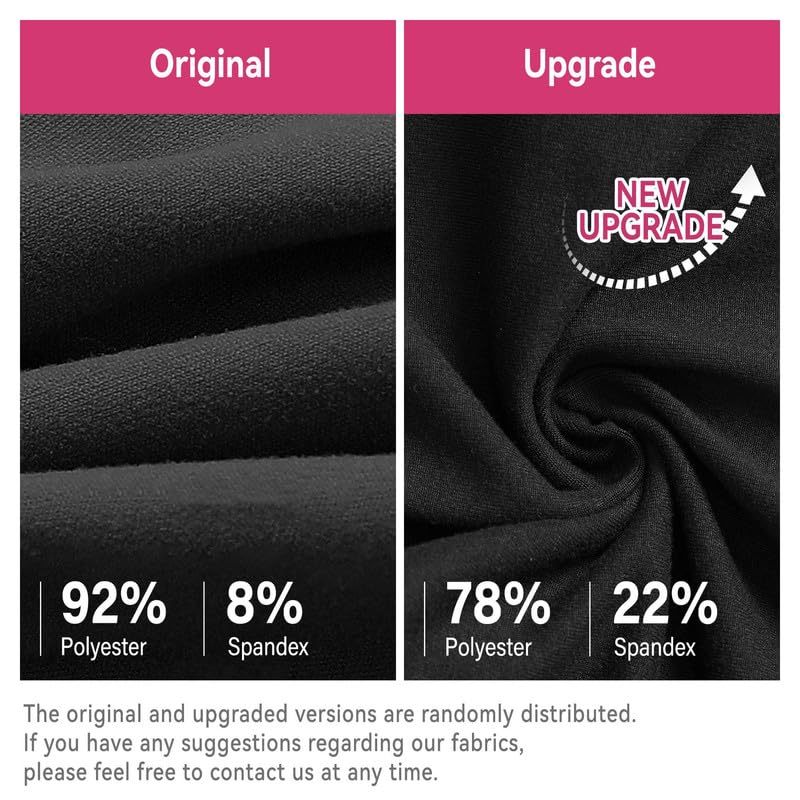Comparison of original and upgraded fabric, showing 92% polyester, 8% spandex vs. 78% polyester, 22% spandex with upgrade label.