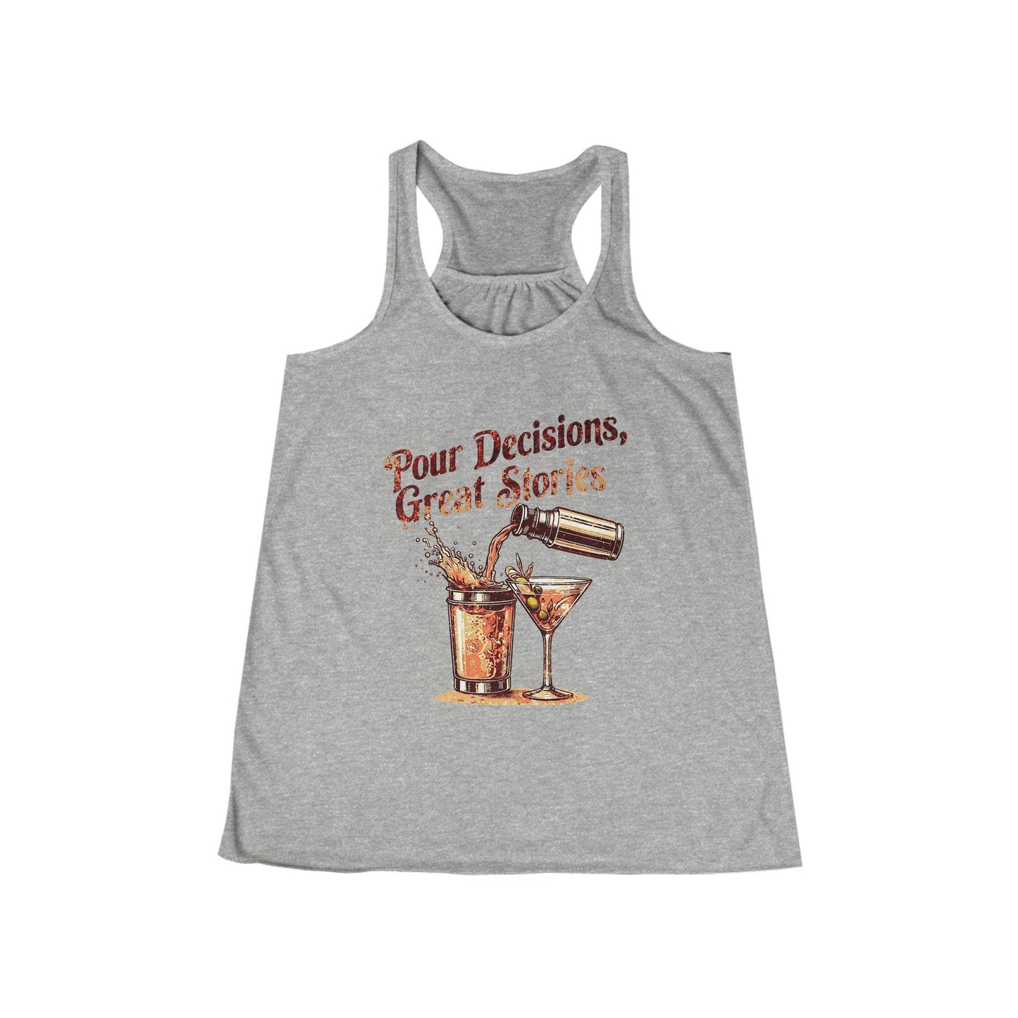Pour Decisions Womens Racer Back Tank Top with 'Pour Decisions, Great Stories' text on gray fabric