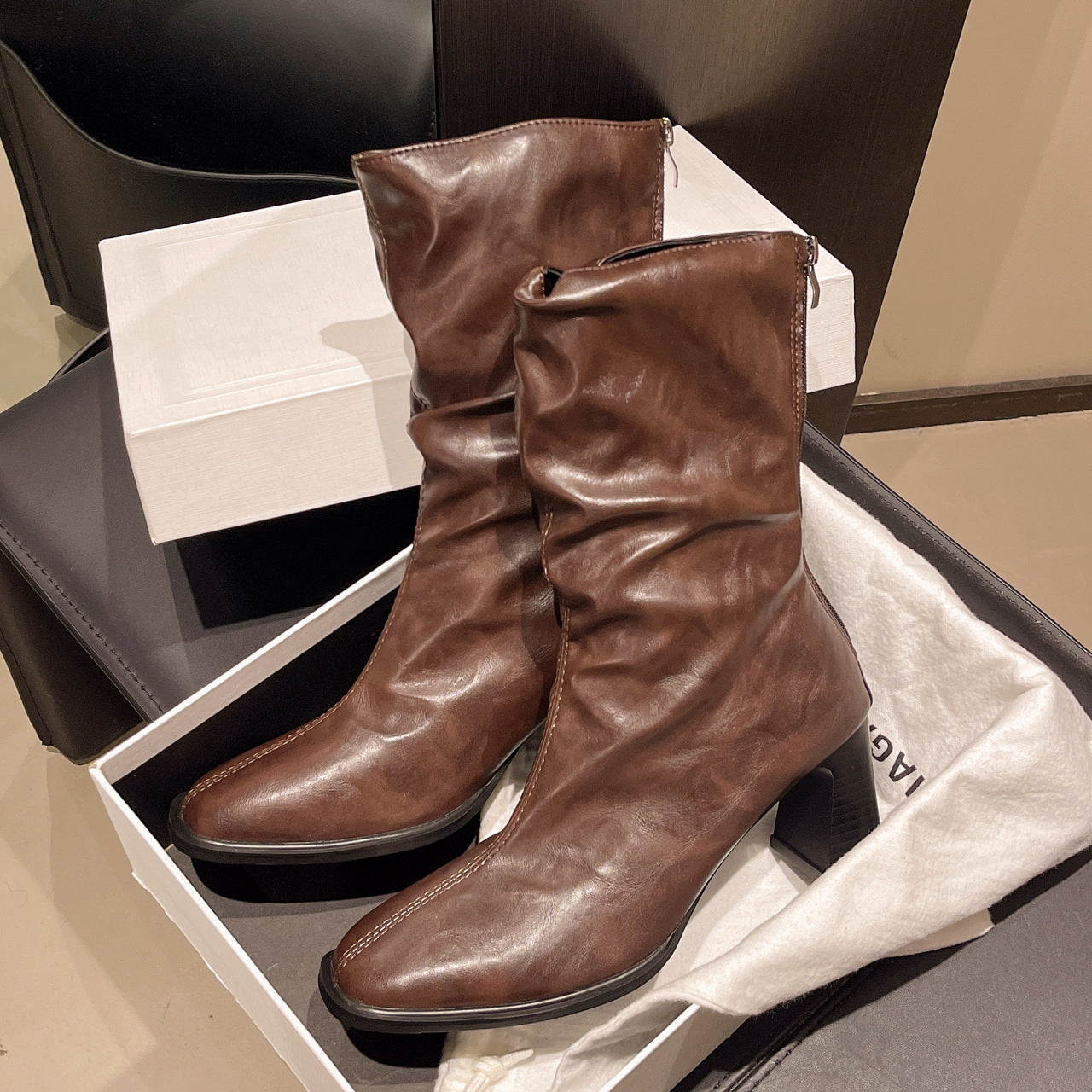 Large Size Women’s High Heel Plus-Width Ankle Boots – Autumn/Winter in brown leather displayed in a box.