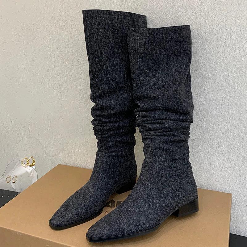 Women’s Denim Knee High Boots - Casual Cowboy Style with low heel, suitable for everyday wear, crafted from high-quality denim.
