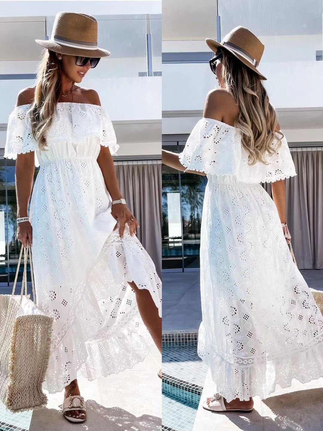 Woman wearing Bohemian Lace Princess Long Dress with off-shoulder design, standing by the pool, accessorized with a sunhat and straw bag.