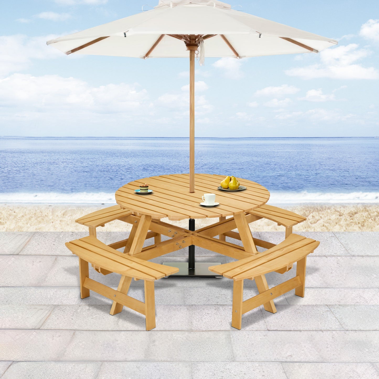 Outdoor 8 Person Picnic Table, 8 person Round Picnic Table with 4 Built-in Benches, Umbrella Hole, Outside Table and Bench Set for Garden, Backyard, Porch, Patio,  Natural