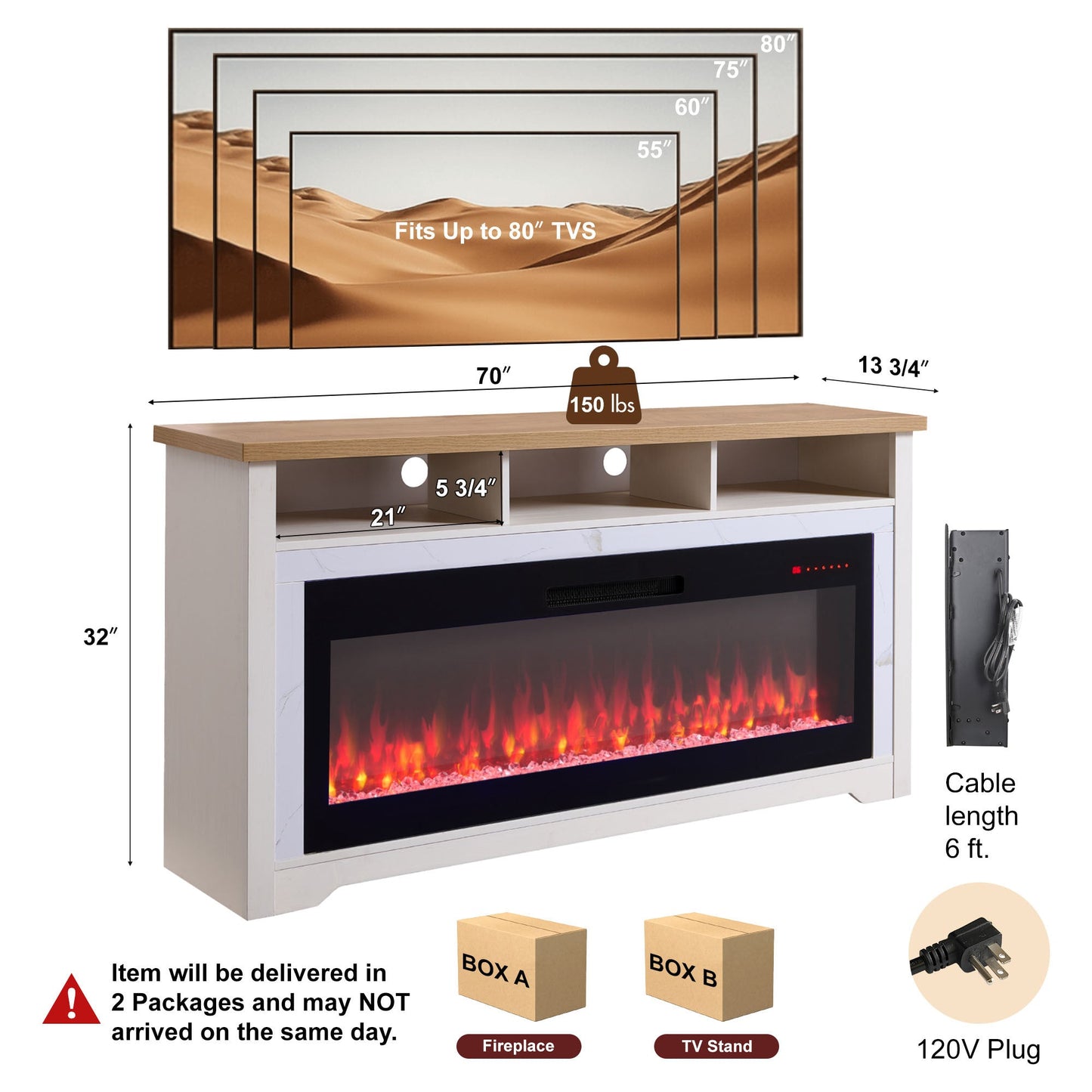 70 inch Fireplace TV Stand for TVs up to 70',with 60'smart Electric Fireplace,white