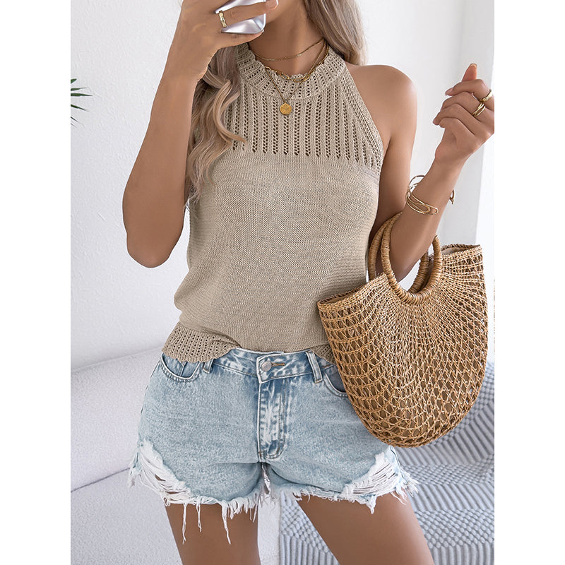 Woman wearing Women’s Summer Halter Tank Top – Sleeveless Racerback Knit Sweater Vest with denim shorts and a woven bag.