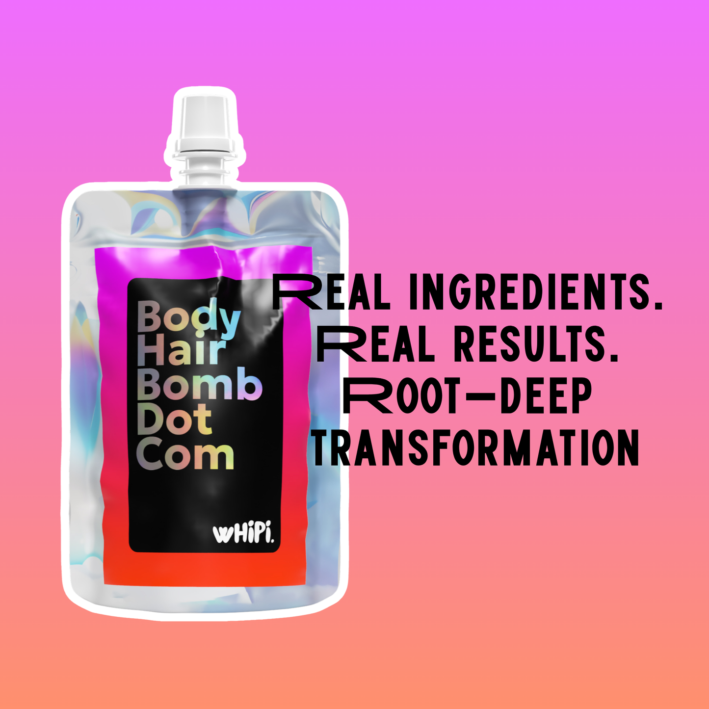 Pouch of Body Hair Bomb Dot Com- Everything Cream with branding text on a colorful background.