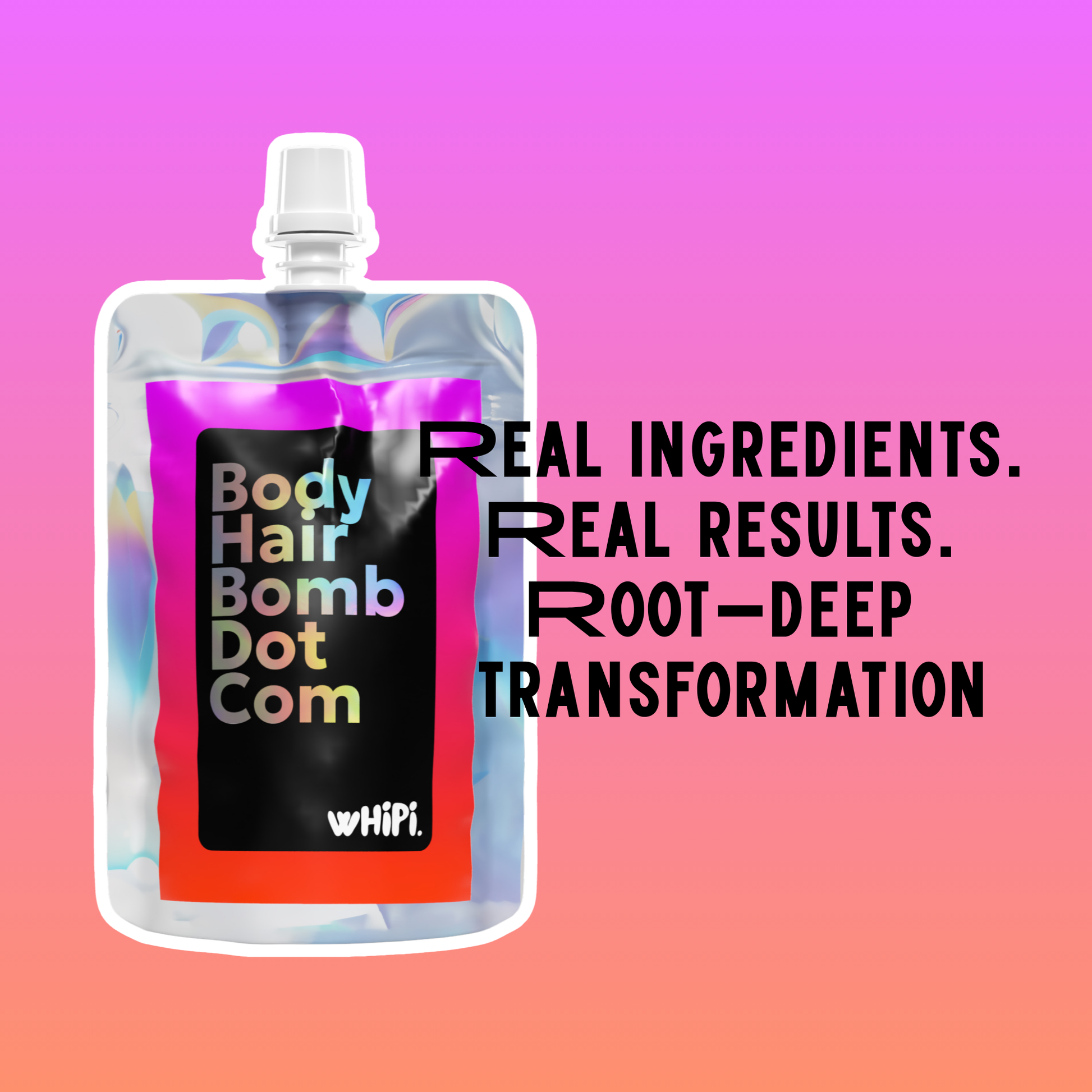 Pouch of Body Hair Bomb Dot Com- Everything Cream with branding text on a colorful background.