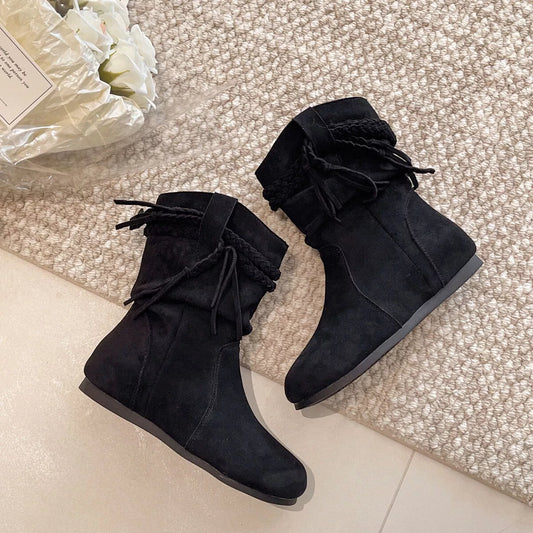 Suede Fringe Round Toe Boots with Block Heel