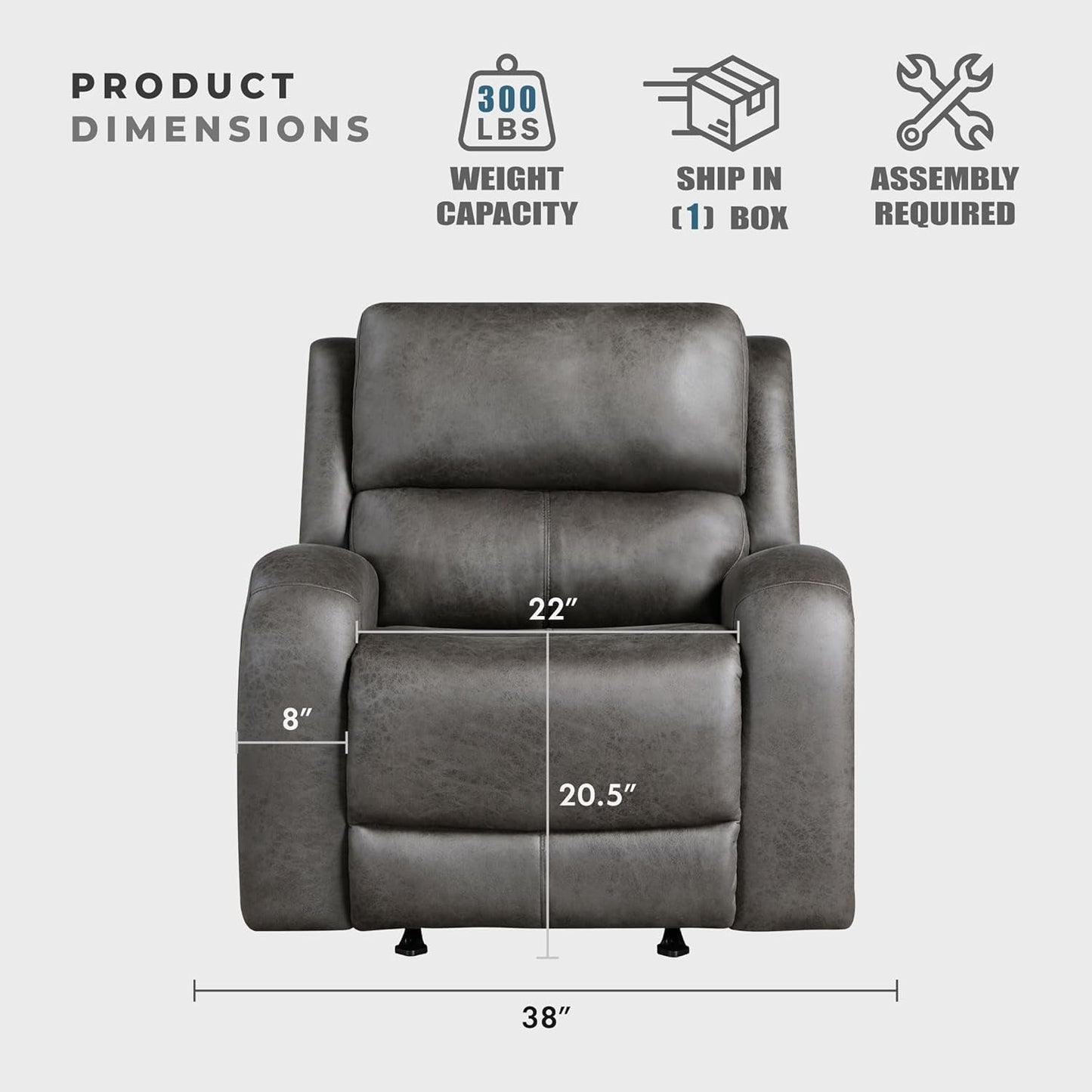 Grey Rocker Recliner Chair With Manual Recline Living Room showcasing dimensions and weight capacity.