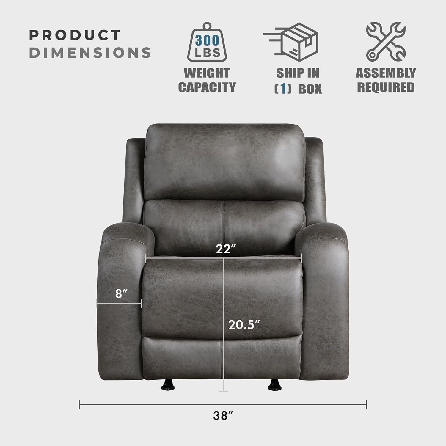 Grey Rocker Recliner Chair With Manual Recline Living Room showcasing dimensions and weight capacity.