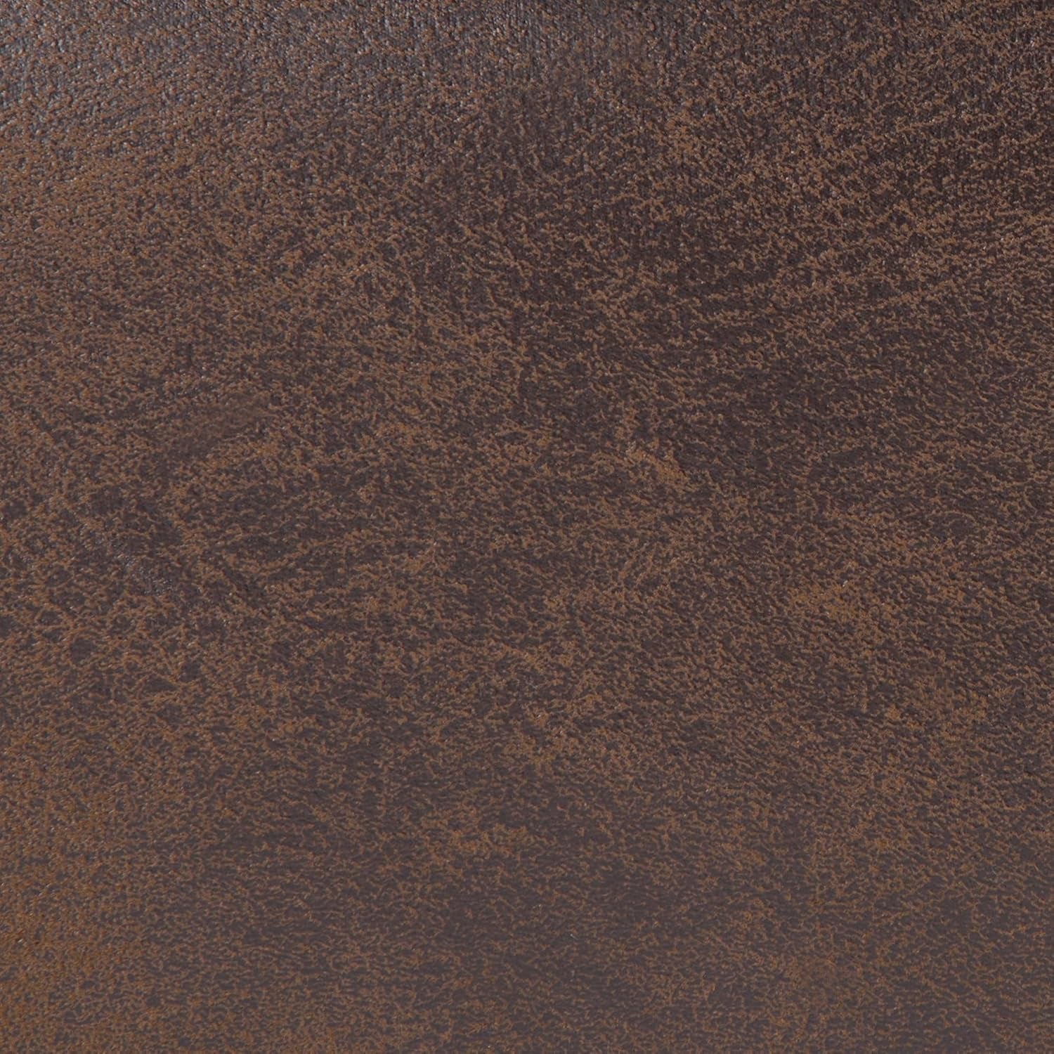 Close-up of distressed Chestnut Brown vegan leather texture used in the Mid Century Distressed Chestnut Lift Top Coffee Table Ottoman.