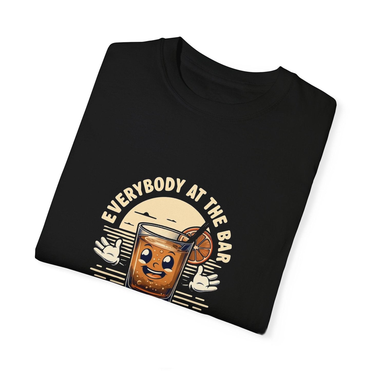 Everybody at the Bar Gettin Tipsy Unisex Garment-Dyed T-Shirt with whiskey glass graphic and playful text for party lovers.