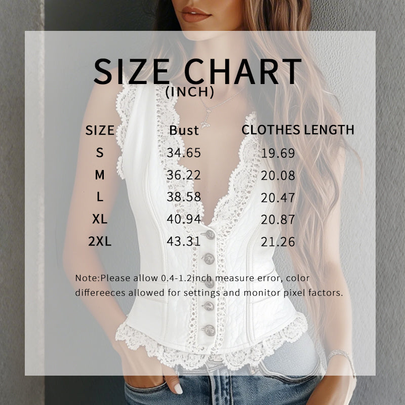 Size chart for Lace Trim Button-Down Crop Tank Vest Women with lace detailing and button front