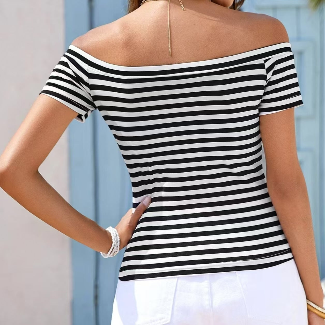 Ladies' Off Shoulder Striped Top Casual One Shoulder Shirt
