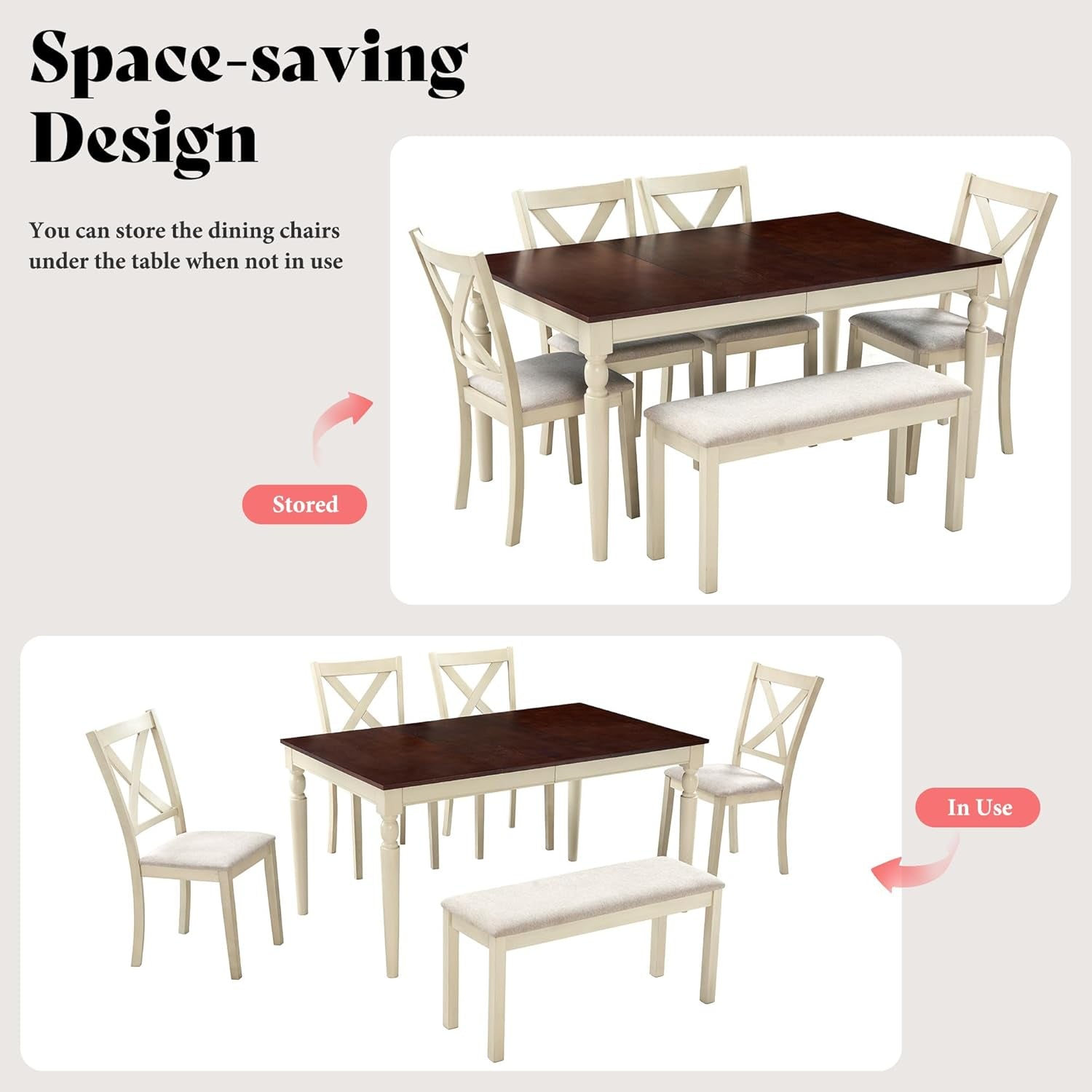 Sixty Inch Solid Wood Walnut Finish Dining Table Set Upholstered Chairs space-saving design.