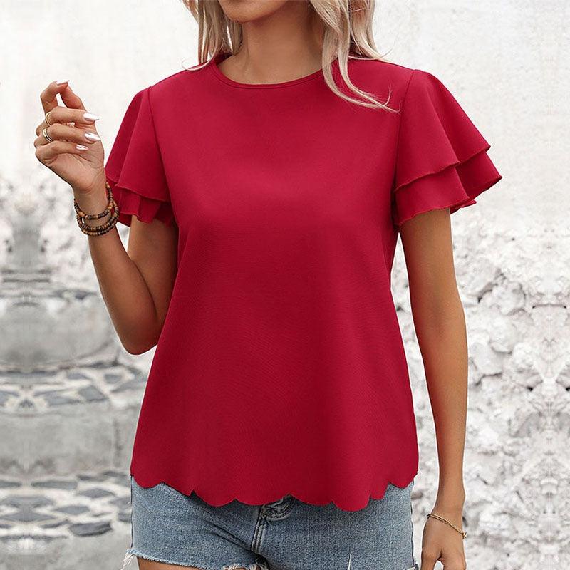 Lotus Blossom Ruffle Top - Stylish Red Double-layer Lotus Leaf Sleeve Blouse on a model in casual setting.