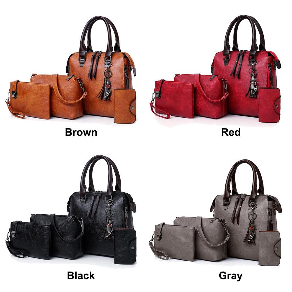 Vintage Leather 4-Piece Messenger Bag Set | Luxury Leather Tote, Clutch & Wallet Set in brown, red, black, and gray colors