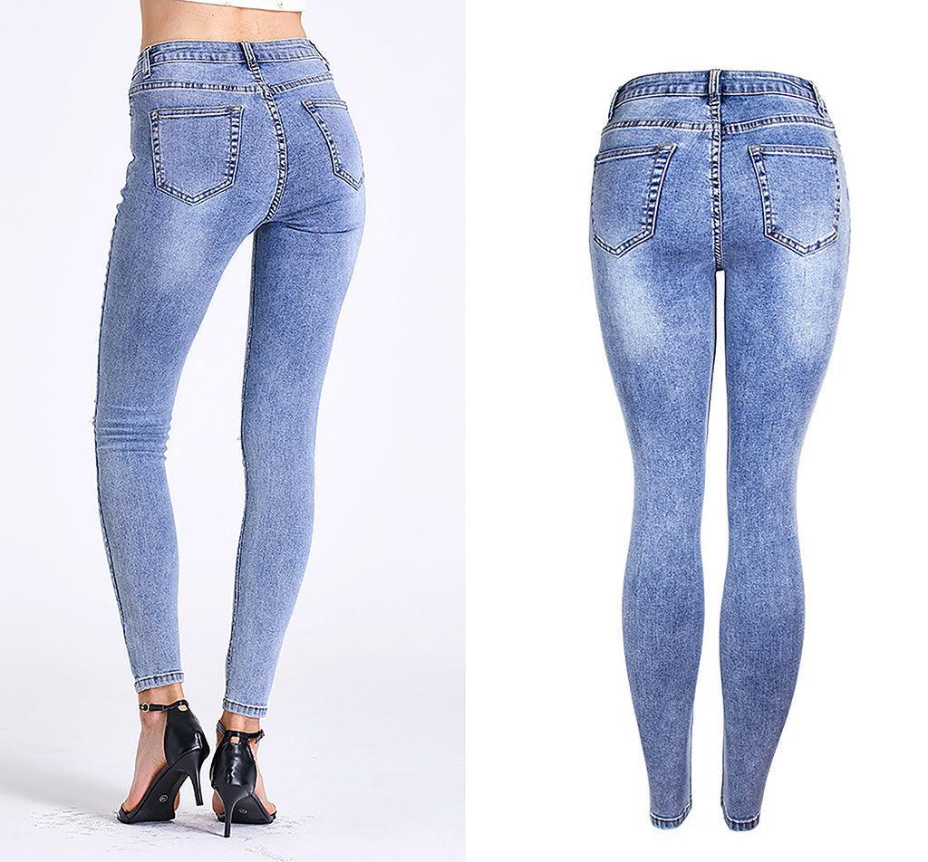 Essential Ripped Skinny Jeans – Stretch Slim Fit, Stone Wash Blue Denim, street-style back view
