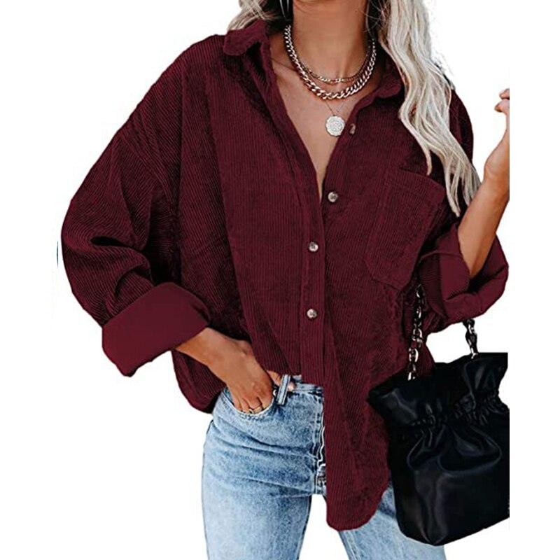 Corduroy Country Chic Shirt – Stylish Single-Breasted Cowgirl Shirt in wine red with relaxed fit and casual style.