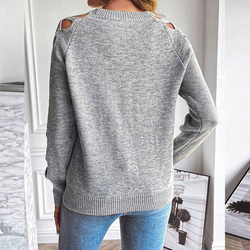 Back view of Women's Casual Long Sleeve Hollow Out Sweater in grey, showcasing openwork design, worn by model indoors.