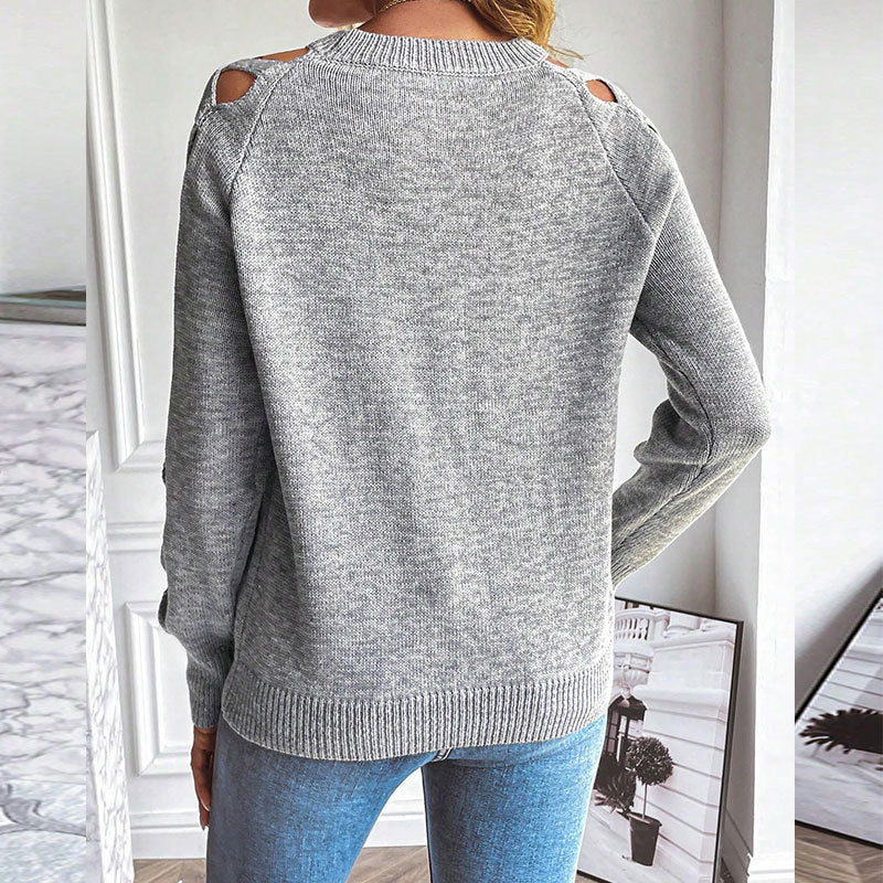 Back view of Women's Casual Long Sleeve Hollow Out Sweater in gray, showcasing chic openwork design.