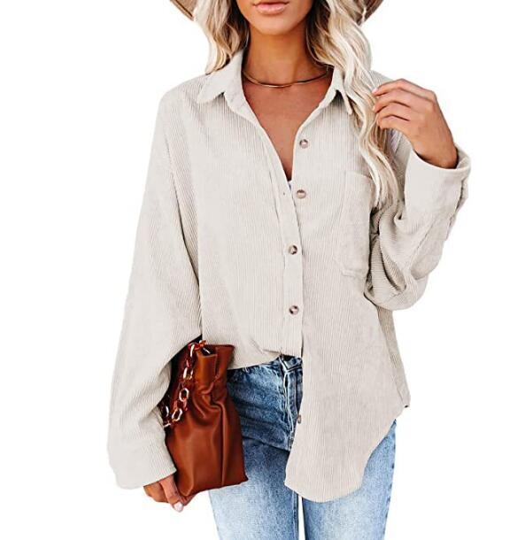 Corduroy Country Chic Shirt – Stylish Single-Breasted Cowgirl Shirt in beige, shown styled with jeans and a brown handbag.